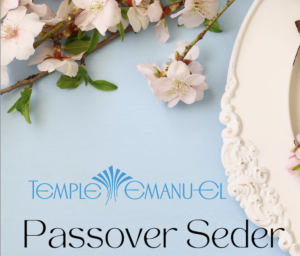 Seder plate at edge of blue tablecloth with flowers